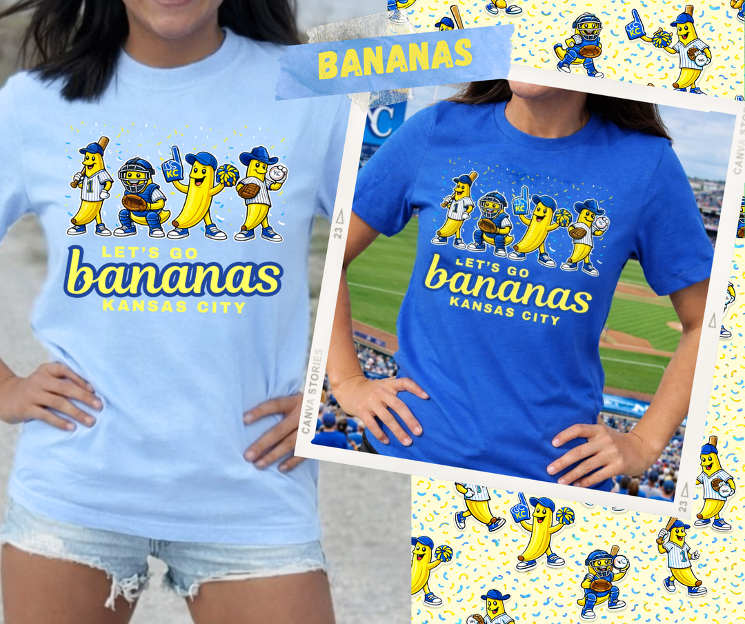 Bananas Collection Image - 2 models wearing blue tees with banana characters playing baseball