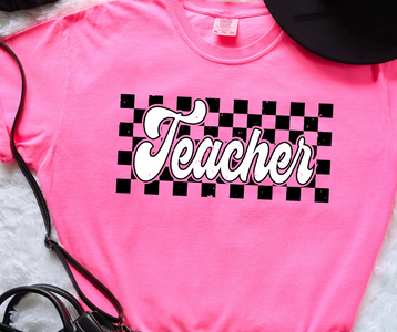 Teacher Checkered Neon Pink Tee - The Red Rival