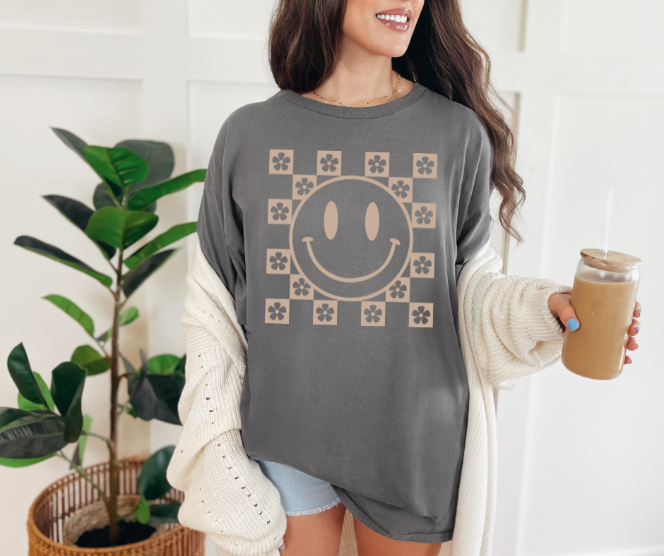 Tan Flower Happy Face Charcoal Tee - The Red Rival