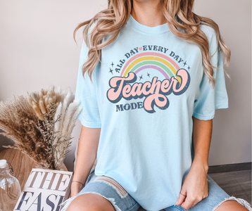 All Day Every Day Teacher Mode Rainbow Light Blue Tee - The Red Rival