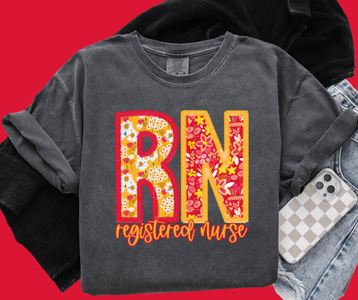 KC Colors Faux Embroidered RN Floral Letters Pepper Tee - The Red Rival