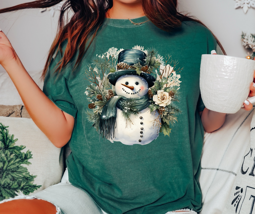 Watercolor Snowman Blue Spruce Green Tee - The Red Rival