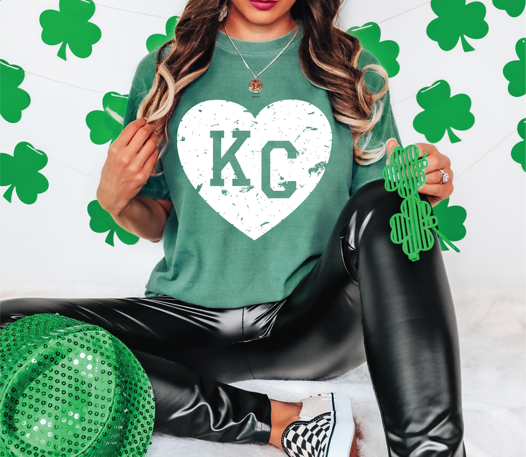 White KC Distressed Heart Green Tee - The Red Rival