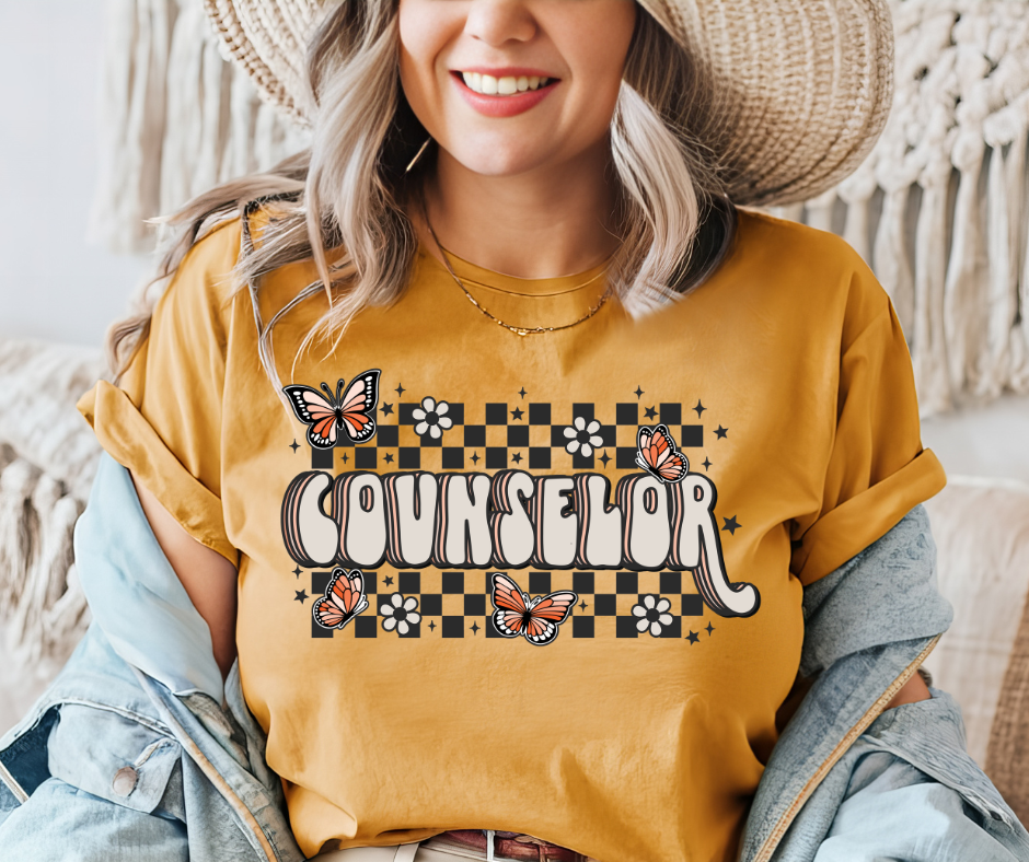 Retro Checkered Counselor Butterfly Mustard Tee - The Red Rival