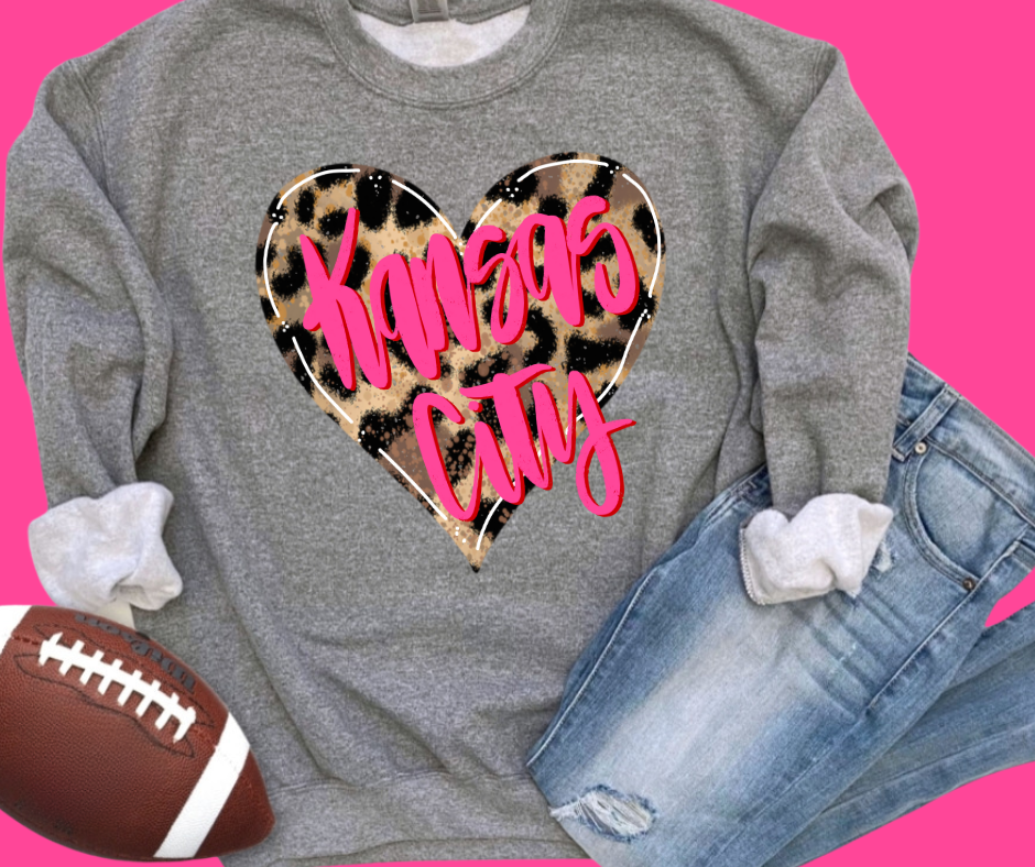 Leopard Heart w/ Pink Kansas City Grey Sweatshirt or Tee - The Red Rival