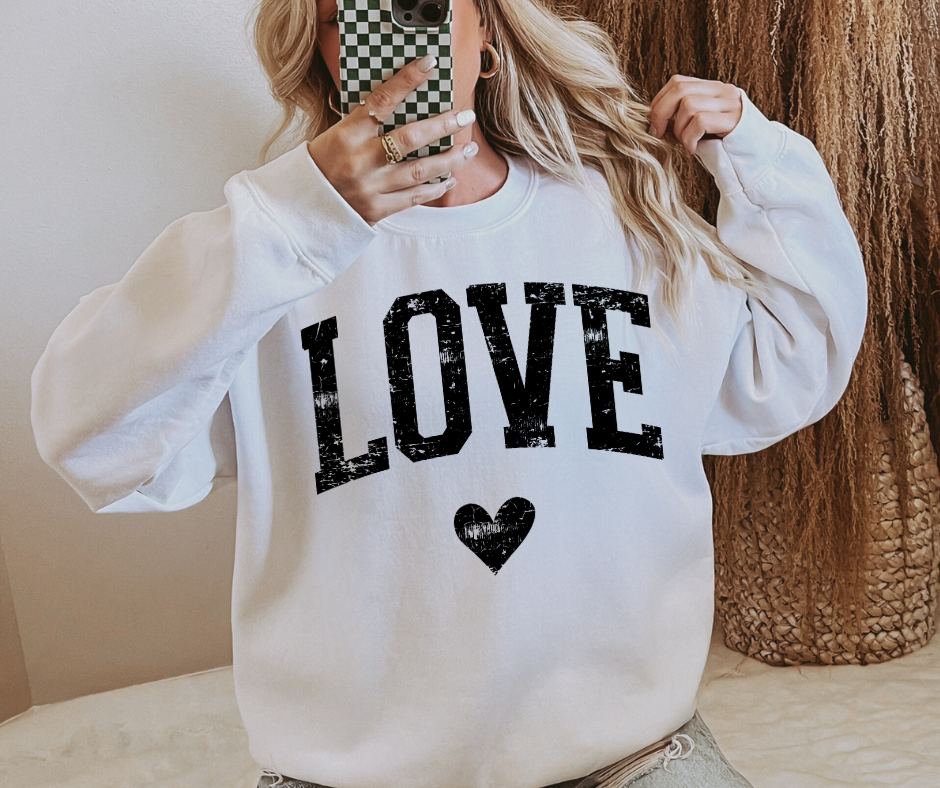 Black Distressed LOVE White Sweatshirt or Tee - The Red Rival