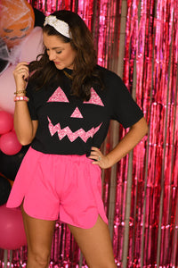 Sparkly Pink Jack O Face Black Tee - The Red Rival