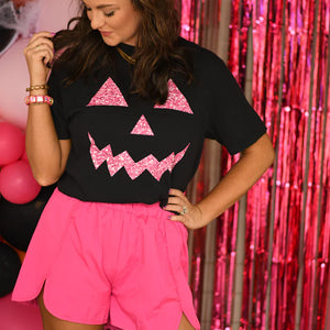 Sparkly Pink Jack O Face Black Tee - The Red Rival
