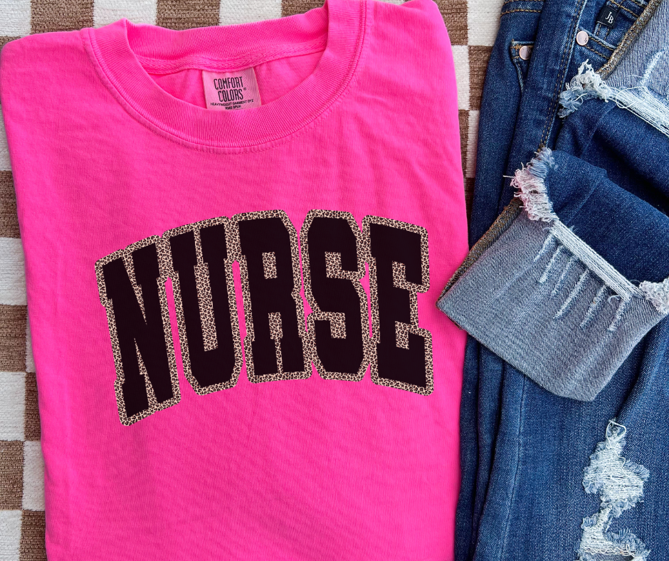 Nurse with Leopard Outline Neon Pink Tee - The Red Rival