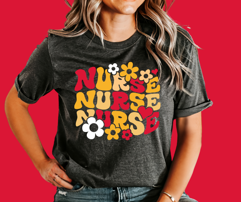 Retro Flowers Nurse Repeat KC Colors Grey Tee - The Red Rival