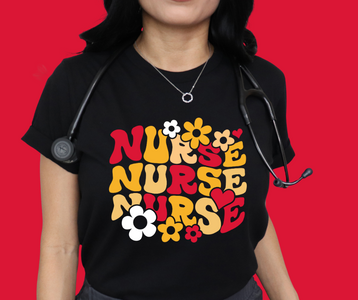 Retro Flowers Nurse Repeat KC Colors Black Tee - The Red Rival