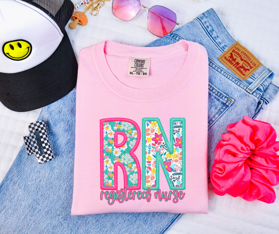Faux Embroidered RN Floral Letters Light Pink Tee - The Red Rival