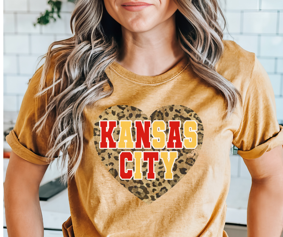 Kansas City Block Letters Leopard Heart Mustard Tee - The Red Rival