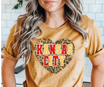 Kansas City Block Letters Leopard Heart Mustard Tee - The Red Rival