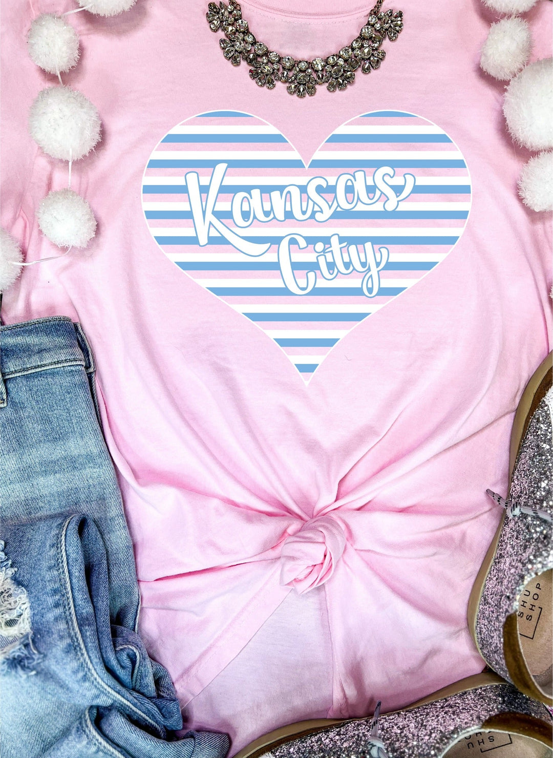 Kansas City Striped Heart Light Pink Tee - The Red Rival