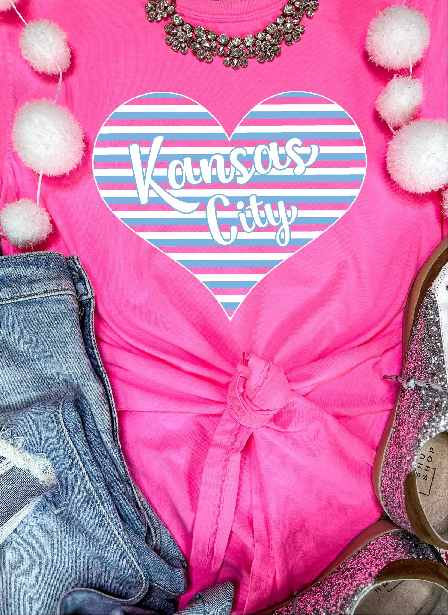 Kansas City Striped Heart Neon Pink Tee - The Red Rival