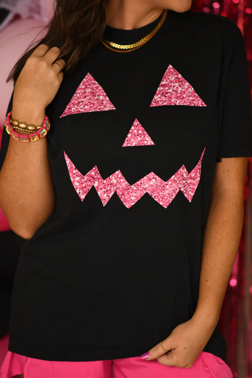 Sparkly Pink Jack O Face Black Tee - The Red Rival