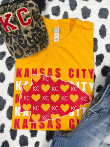 Kansas City Repeat Heart Pattern in Arrowhead Gold Graphic Tee - The Red Rival