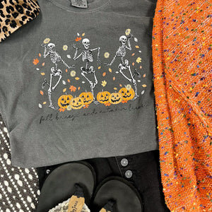 Fall Breeze & Autumn Leaves Skeletons Dancing Gray Graphic Tee - The Red Rival