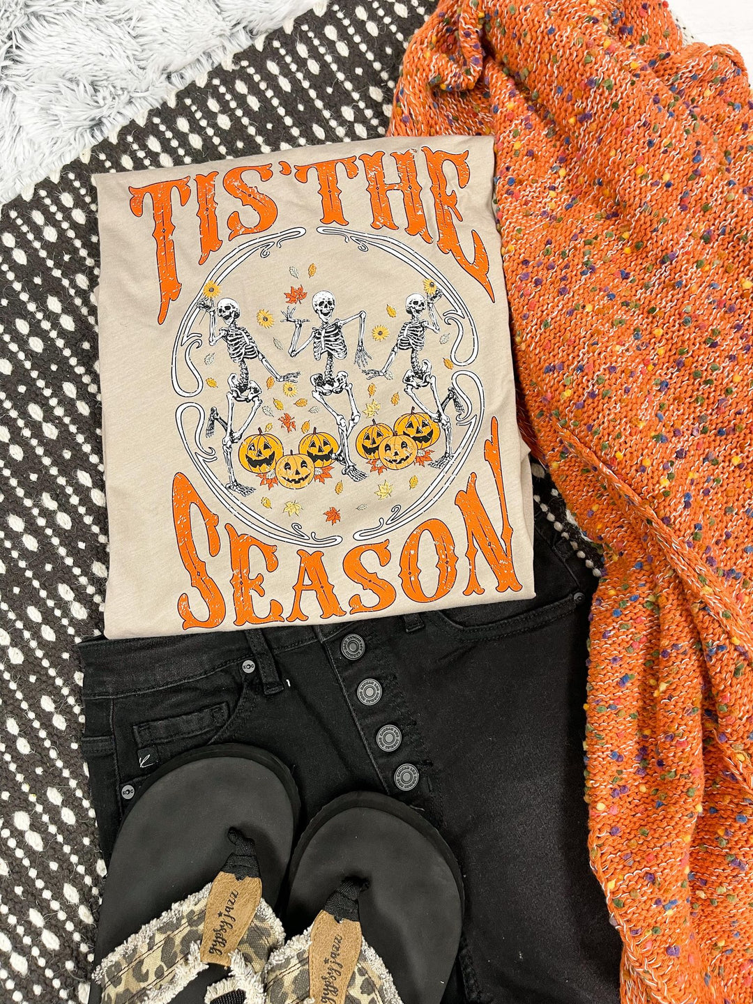 Tis The Season Dancing Skeletons Tan Tee - The Red Rival