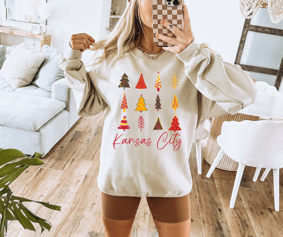 Kansas City Christmas Tree Pattern Tan Sweatshirt - The Red Rival