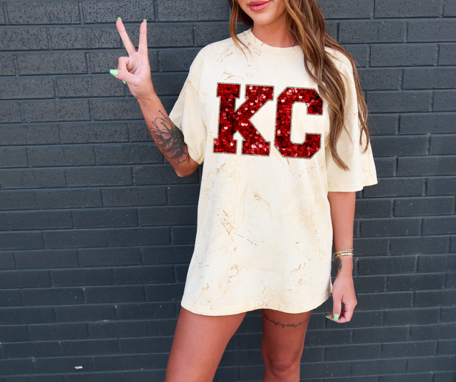 Red Faux Glitter KC Letters on Yellow Tie Dye - The Red Rival