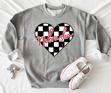 Nebraska Checkered Heart Grey Sweatshirt - The Red Rival