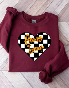 Ames Iowa Checkered Heart Maroon Sweatshirt - The Red Rival