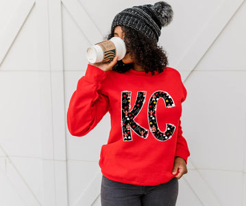Mahomes, Kelce, Butker Pattern Doodle KC Letters Red Graphic Sweatshirt - The Red Rival
