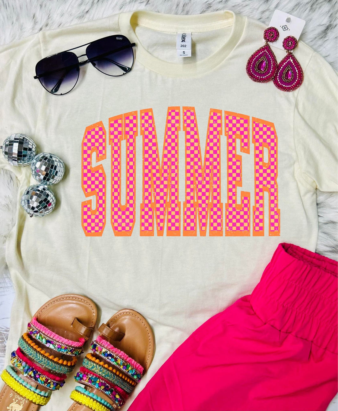 Pink Checkered Summer Cream Tee - The Red Rival