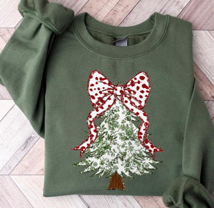 Coquette Christmas Tree Bow Green Floral Pattern Military Green Sweatshirt - The Red Rival