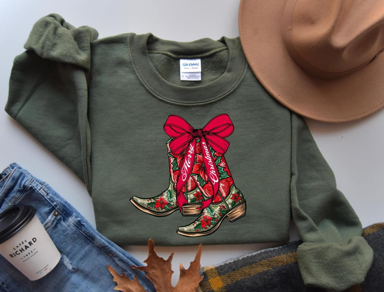 Merry Christmas Cowgirl Poinsettia Floral Boots Military Green Sweatshirt - The Red Rival