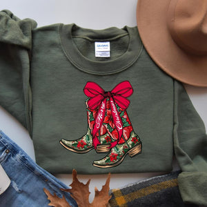 Merry Christmas Cowgirl Poinsettia Floral Boots Military Green Sweatshirt - The Red Rival