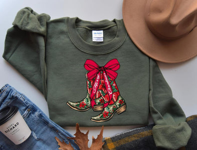 Merry Christmas Cowgirl Poinsettia Floral Boots Military Green Sweatshirt - The Red Rival