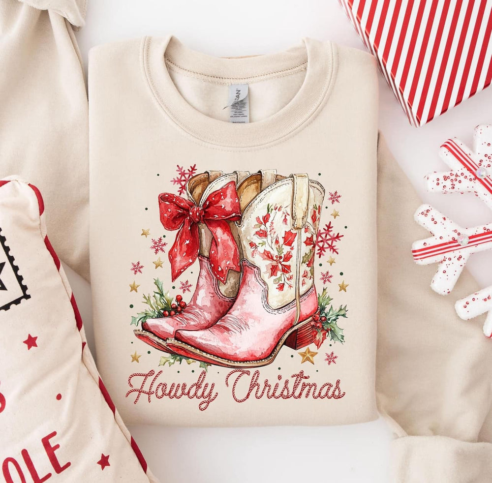 Howdy Christmas Red/Tan Cowboy Boots Tan/Cream Sweatshirt - The Red Rival