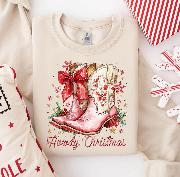 Howdy Christmas Red/Tan Cowboy Boots Tan/Cream Sweatshirt - The Red Rival