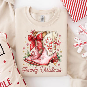 Howdy Christmas Red/Tan Cowboy Boots Tan/Cream Sweatshirt - The Red Rival