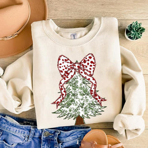 Coquette Christmas Tree Bow Green Floral Pattern Tan/Cream Sweatshirt - The Red Rival