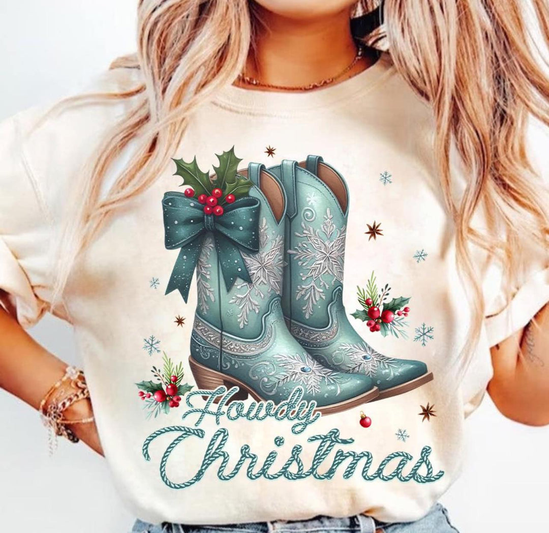 Howdy Christmas TEAL Cowboy Boots Cream Tee - The Red Rival