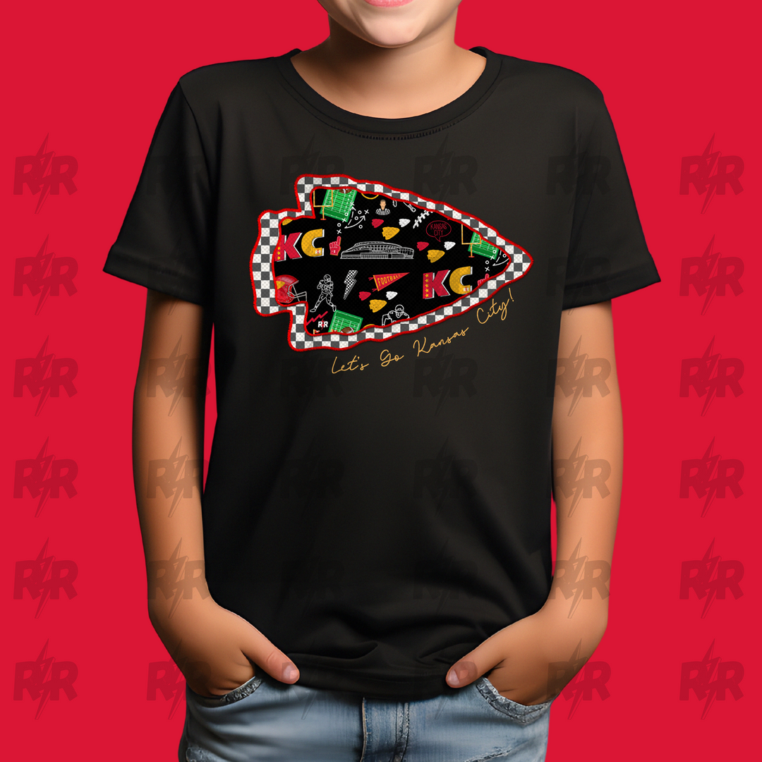 Football KC Icons Scattered Checkered Arrowhead Black Tee - The Red Rival