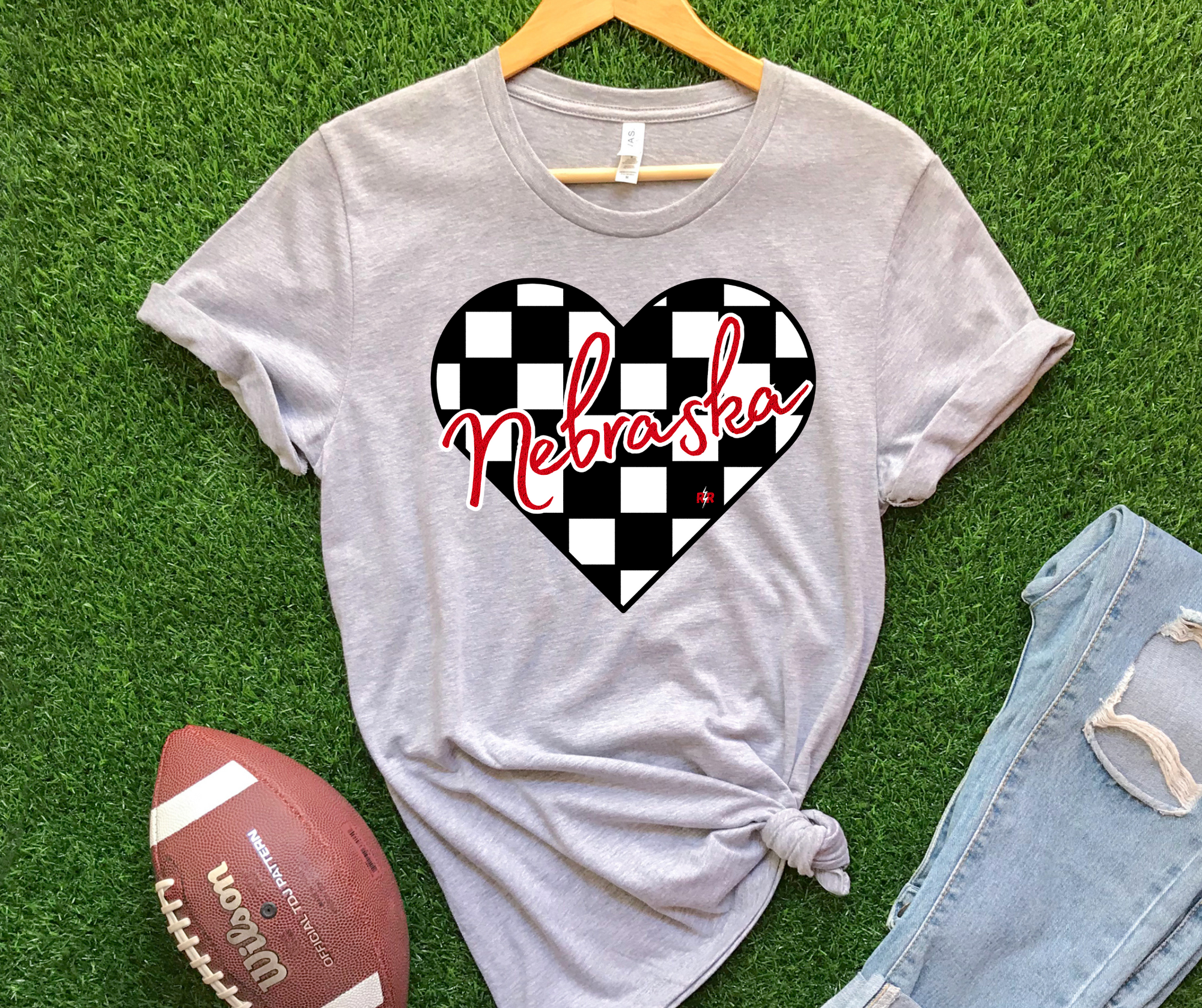 Nebraska Checkered Heart Grey Tee - The Red Rival