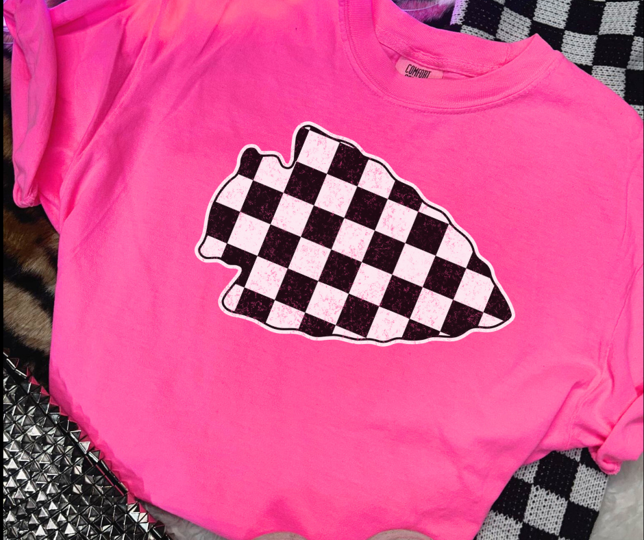 Black & White Checkered Arrowhead Neon Pink Tee - The Red Rival