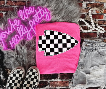 Black & White Checkered Arrowhead Neon Pink Tee - The Red Rival