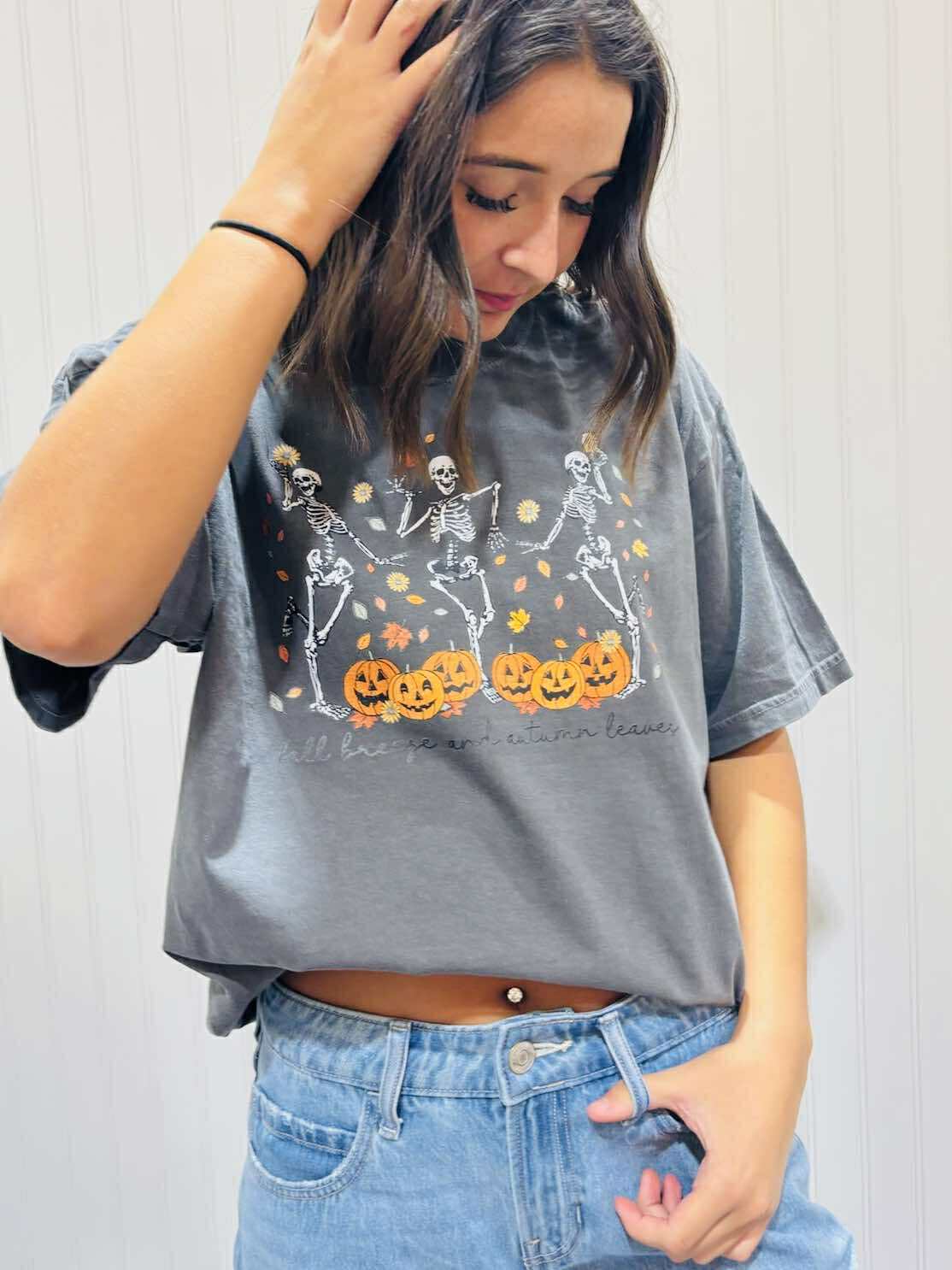 Fall Breeze & Autumn Leaves Skeletons Dancing Gray Graphic Tee