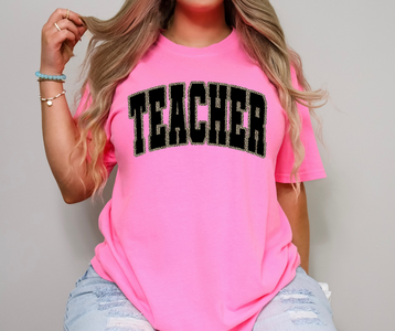 Teacher with Leopard Outline Neon Pink Tee - The Red Rival