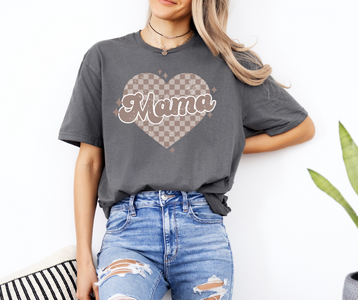 Mama Checkered Heart Charcoal Tee - The Red Rival