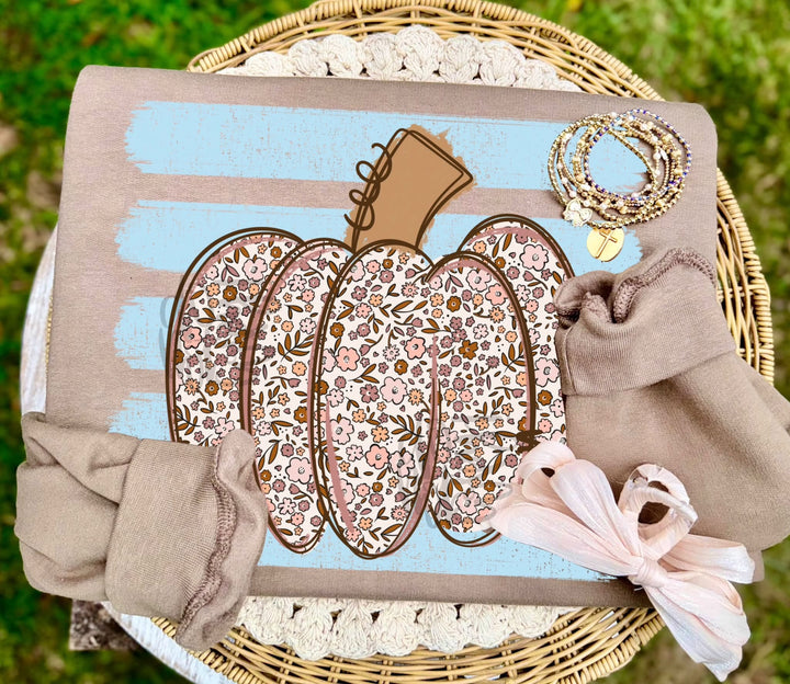 DEAL OF THE DAY - Floral Pumpkin Blue Stripes Brown Tee or Sweatshirt - FINAL SALE