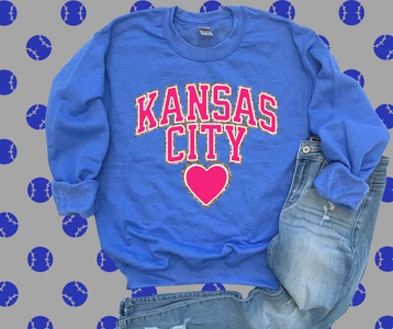 Pink Faux Chenille Letters Kansas City Heart Blue Graphic Sweatshirt - The Red Rival