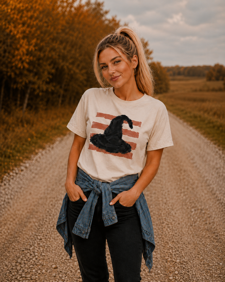 DEAL OF THE DAY - Stripped Witch Hat Ivory Tee - FINAL SALE