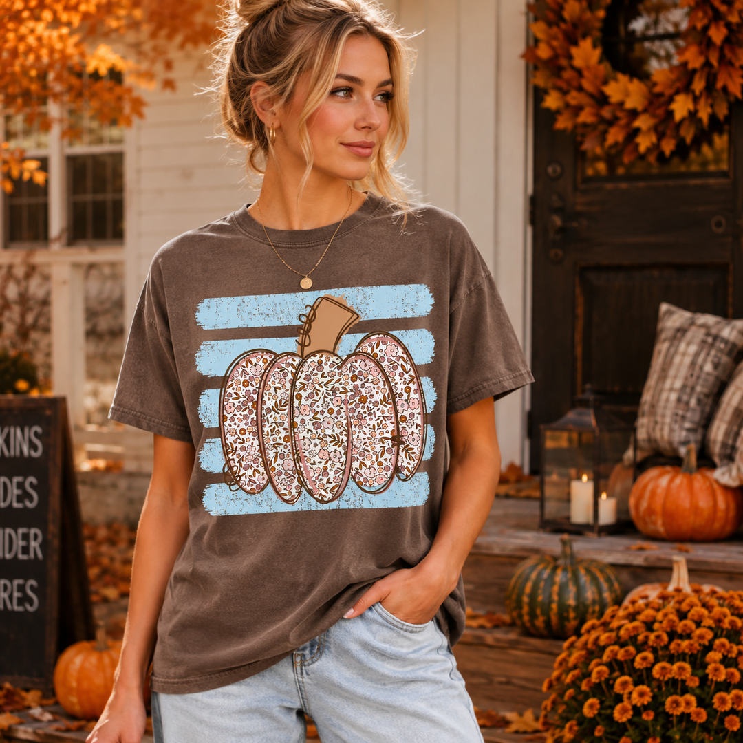 DEAL OF THE DAY - Floral Pumpkin Blue Stripes Brown Tee or Sweatshirt - FINAL SALE